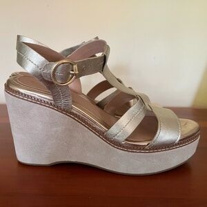 Cole Haan Cloudfeel All Day Wedge Gold Leather Ankle Strap Heeled Sandals